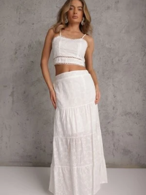 Biały Boho Komplet Top z Haftowanej Tkaniny Spódnica z Gumką w Talii i Falbanką Worpia