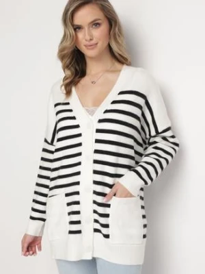 Biały Długi Kardigan w Paski z Kieszeniami Fellesa m&v