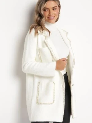 Biały Długi Kardigan z Wiskozy z Błyszczącą Nitką i Perłowymi Guzikami Naarriel elsa.m by may