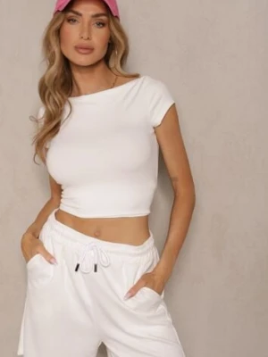 Biały Dopasowany T-shirt z Bawełny z Dekoltem o Kształcie Łódki Gallenia by swan