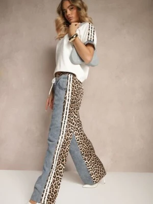 Biały Dresowy Komplet z Bawełny Spodnie i Bluzka z Panterką i Lampasami Eltebira