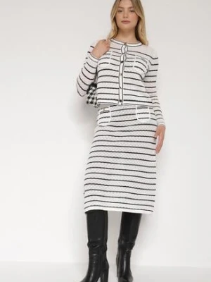 Biały Dzianinowy Komplet z Wiskozą w Paski Kardigan i Spódnica Sepoline rosa