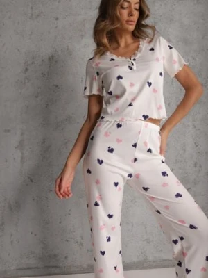 Biały Elastyczny Komplet Piżamowy w Serduszka Spodnie i Top Isle