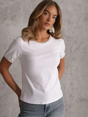 Biały Gładki T-shirt Bawełniany z Ozdobnymi Lamówkami z Warkoczowego Splotu Thalia romee's