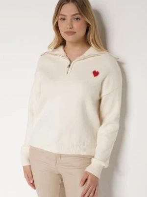 Biały Sweter z Bawełną Wiskozą i Wełną Ozdobiony Sercem Monissea