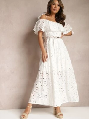 Biały Haftowany Kombinezon na Ramiączkach z Falbanką i Ażurową Wstawką Firlena ambitionfly