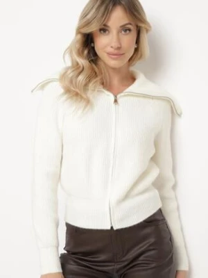 Biały Kardigan Dzianiny z Wełną z Golfem Zapinany na Suwak Zinellia j&x
