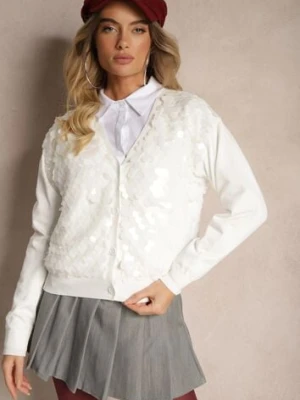 Biały Kardigan na Guziki z Wiskozą i Cekinami Evelith wei wei