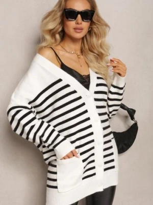 Biały Kardigan w Paski o Wydłużonym Fasonie z Dekoltem V Zapinany na Guziki Ravime m&v
