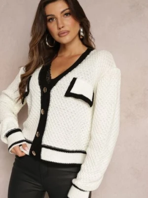 Biały Kardigan z Dzianiny z Ozdobną Lamówką i Guzikami Amesta lily rose