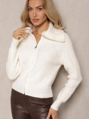 Biały Kardigan z Wełną o Kroju z Golfem i Zapięciem na Zamek Zinfria j&x
