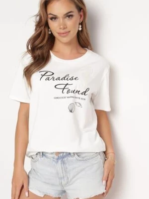Biały Klasyczny Bawełniany T-shirt z Krótkim Rękawem z Nadrukiem Ozdobiony Perełkami Tiavenna
