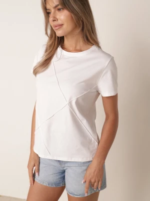 Biały Klasyczny T-shirt z Bawełny Zdobiony Przeszyciami w Romby Onissa Rosse Line