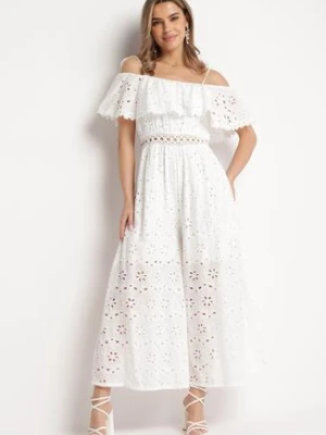 Biały Kombinezon na Ramiączkach z Haftowanym Wzorem i Falbanką Elinva ambitionfly