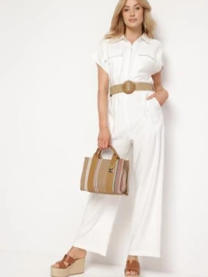 Biały Kombinezon Utility z Paskiem Plecionym z Okrągłą Klamrą Vesalia