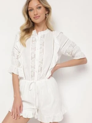 Zdjęcie produktu Biały Kombinezon z Lnu i Wiskozy w Stylu Boho z Falbankami i Koronką Linalisse