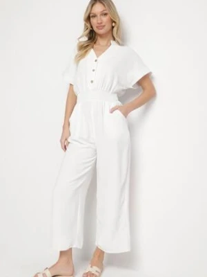 Biały Kombinezon z Wiskozy z Gumką w Talii i Dekoltem w Serek z Guzikami Nisella cflo