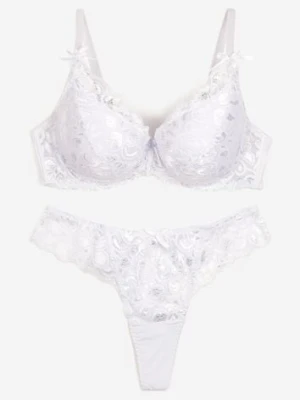 Biały Komplet Bielizny z Koronką i Kokardkami Biustonosz i Stringi Nasorinne