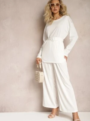 Biały Komplet Bluzka i Spodnie z Prostymi Nogawkami i Gumką Daeirassa