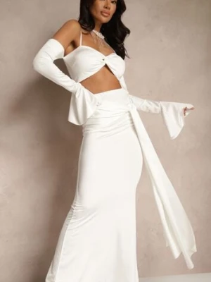 Biały Komplet Dopasowana Spódnica z Trenem i Top z Rękawami z Falbanką Adivaria allyson