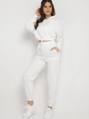 Biały Komplet Dresowy Bluza z Kapturem i Spodnie Joggery Famiana