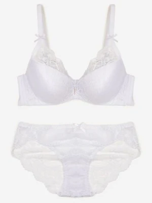 Biały Komplet Koronkowy z Kokardkami Majtki typu Figi i Biustonosz Full Cup Iriniues