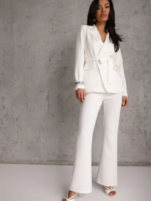 Biały Komplet o Garniturowym Kroju z Marynarką z Wiązaniem i Spodniami Falestra made in italy