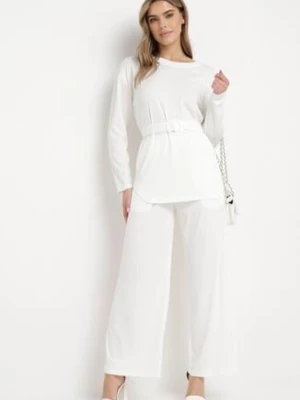 Biały Komplet z Spodnie Prostymi Nogawkami i Bluzka z Paskiem Carenesa