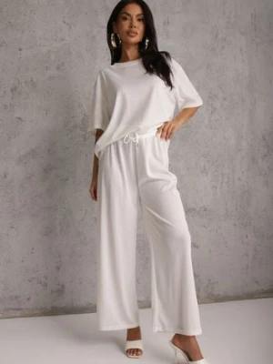 Biały Oversizowy Komplet Zdobiony Cyrkoniami T-shirt i Spodnie Arnateia ambitionfly