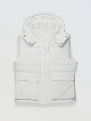 Biały pikowany bezrękawnik z kapturem Reporter