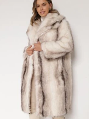 Biały Płaszcz Futro z Szerokim Kołnierzem i Kieszeniami Ezinda