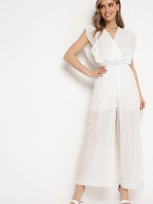Biały Plisowany Kombinezon z Szerokimi Nogawkami i Paskiem Audra New Collection