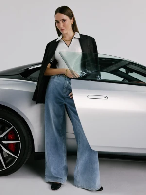 Biały sweter polo z krótkim rękawem TARANKO