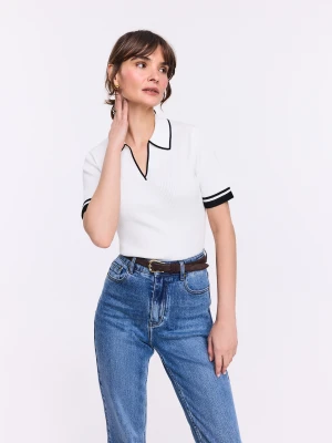 Biały sweter polo z krótkim rękawem TARANKO