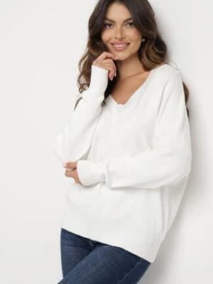 Biały Sweter z Dekoltem w V z Domieszką Kaszmiru Mariara tandem