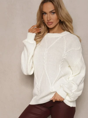 Biały Sweter z Ozdobnym Tłoczeniem i Ściągaczami Temariel Tricot Station