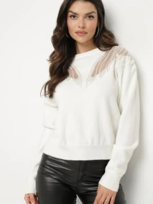 Biały Sweter z Siateczkowymi Wstawkami z Cekinami Perełkami i Koralikami Evoriana wei wei