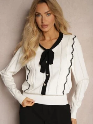 Biały Sweter z Wiskozą z Ozdobnymi Guzikami i Kokardą w Stylu Retro Miaraine elsa.m by may