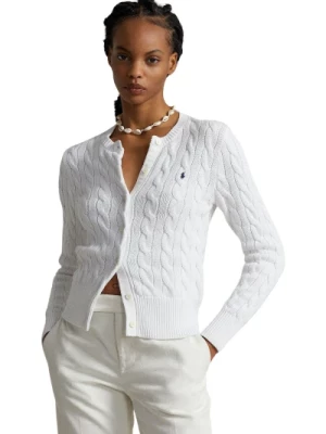 Biały Sweter z Wzorem Kablowym z Bawełny z Okrągłym Dekoltem Ralph Lauren