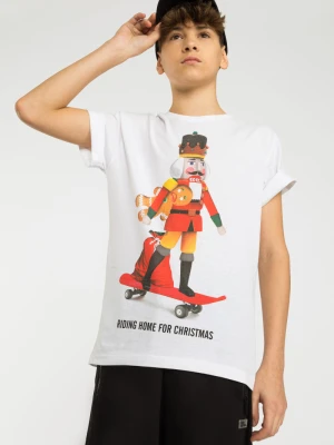 Biały świąteczny T-shirt z nadrukiem Reporter