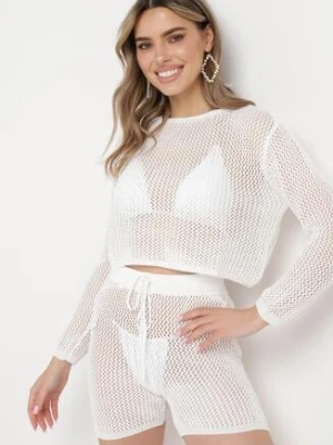 Biały Szydełkowy Komplet z Bluzką i Szortami Kentliy