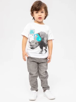Biały t-shirt bawełniany dla chłopca z nosorożcem Minoti
