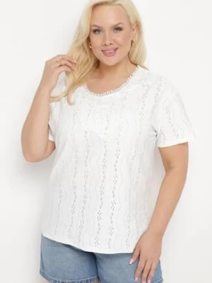 Biały T-shirt Bluzka z Ażurowym Wzorem i Koronką Civina