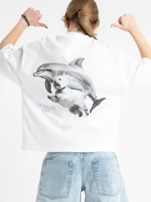 Biały t-shirt BOXY z autorską grafika z tyłu Reporter