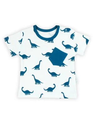 Biały t-shirt chopięcy bawełniany z kieszonką- niebieskie dinozaury Nicol