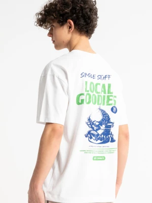 T-shirt chłopięcy loose, z grafiką z tyłu, biały Reporter