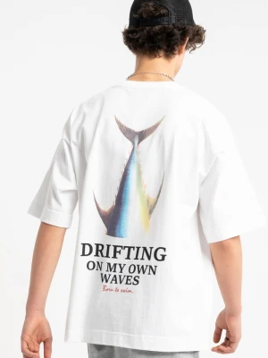 T-shirt chłopięcy loose, z grafiką z tyłu, biały Reporter