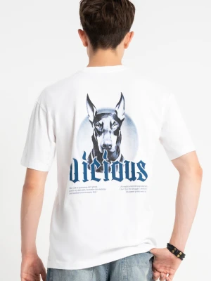 Biały t-shirt LOOSE z autorską grafiką z tyłu Reporter