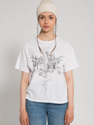 Biały t-shirt oversize z kolorową grafiką z przodu Reporter