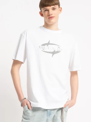 Biały t-shirt z autorską grafiką z przodu Reporter Young